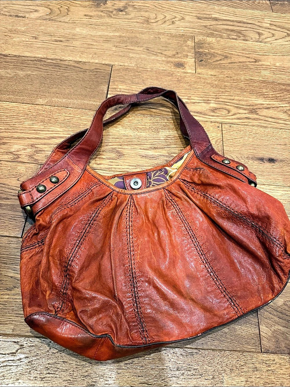 Fossil Leather Hobo Shoulder Bag in Rust Orange